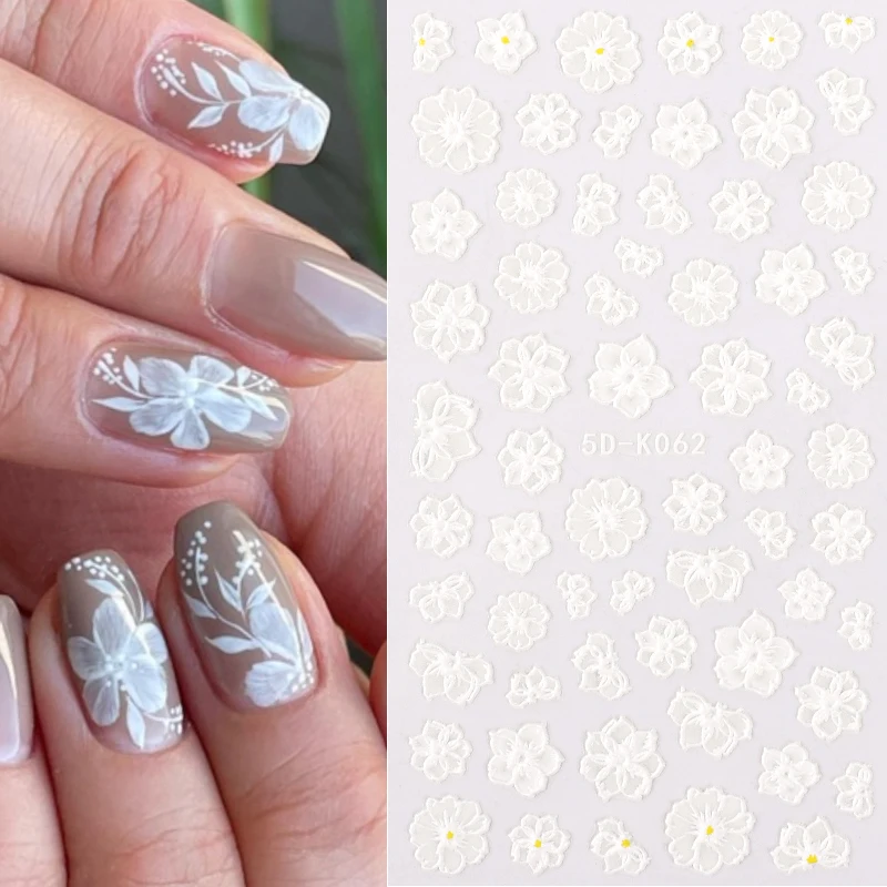 

1 Sheet Pure White Flower Nail Art Sticker 3D Lace Nail Design Wedding Season Slider Manicure Wrap Nail Stickers Accessories