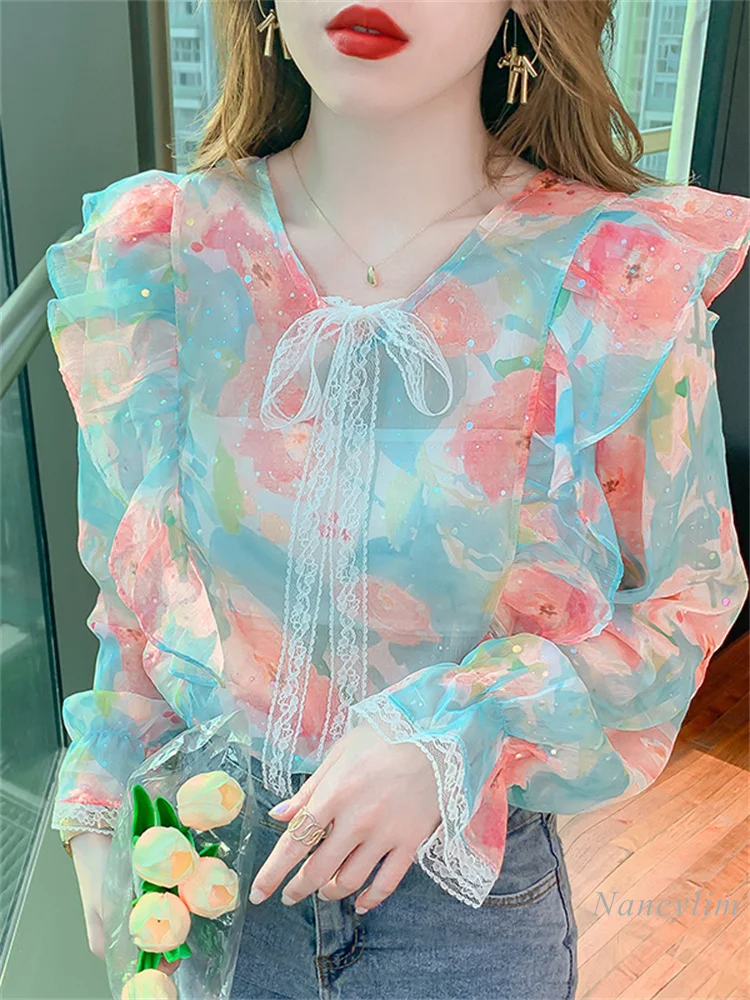 

Sweet Print Shirt for Women Early Autumn 2022 New Design Chic Long Sleeve Top Pullover Blouses Femme