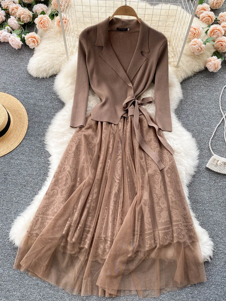 

Autumn Winter Women V-neck Sash Tie Up Dress Vintage Lady Lace Mesh Patchwork Dress Casual Knitting Dress