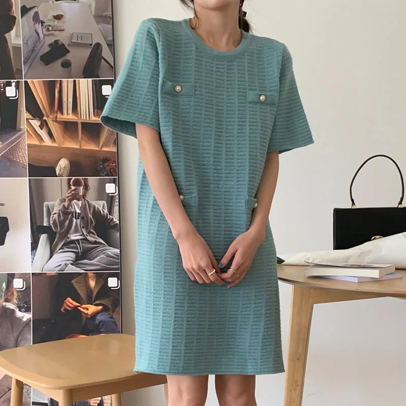

French Retro Round Neck Dress Three-dimensional Plaid Design Loose Short-sleeved Knitted Dress Women Dresses For Women