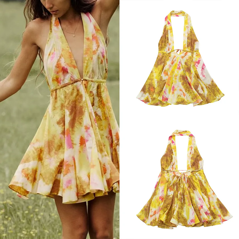 

PB&ZA summer new women's temperament fashion V-neck chic backless lace-up print short dress 4786249