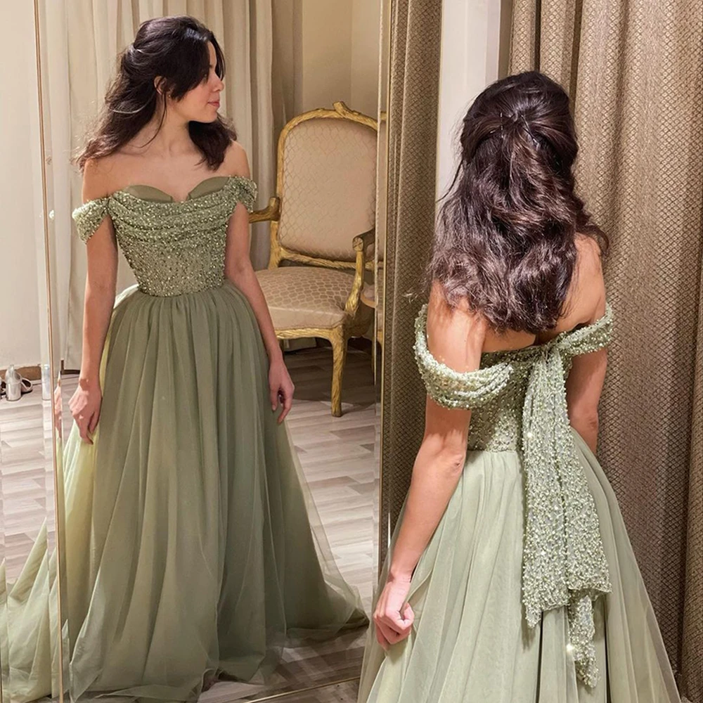 

POMUSE Princess Green A-Line Vestidos De Fiesta Elegant Off The Shoulder Evening Dress Manual Sequins Chest Design Prom Dresses