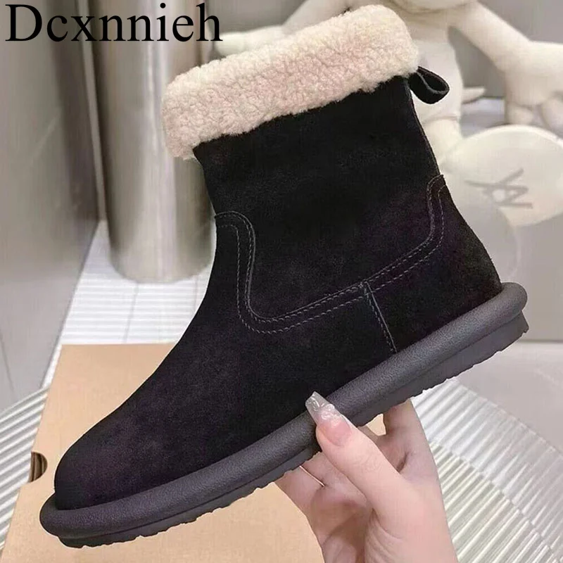 

Cow Suede Round Toe Wool Lining Snow Boots Women Turned-over Edge Warm Ankle Boots Winter Side zipper Non-slip Short Boots