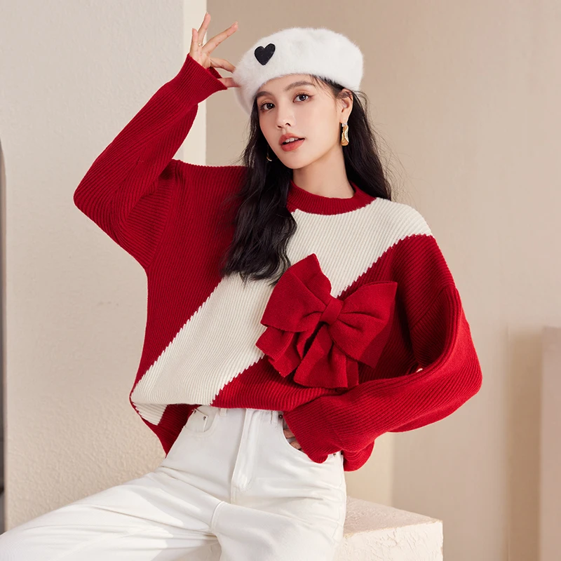 free shipping 2023 Spring New Red Bow Knitted Sweater Tops Christmas Red Pullover Sweater Loose Knitted Jacket