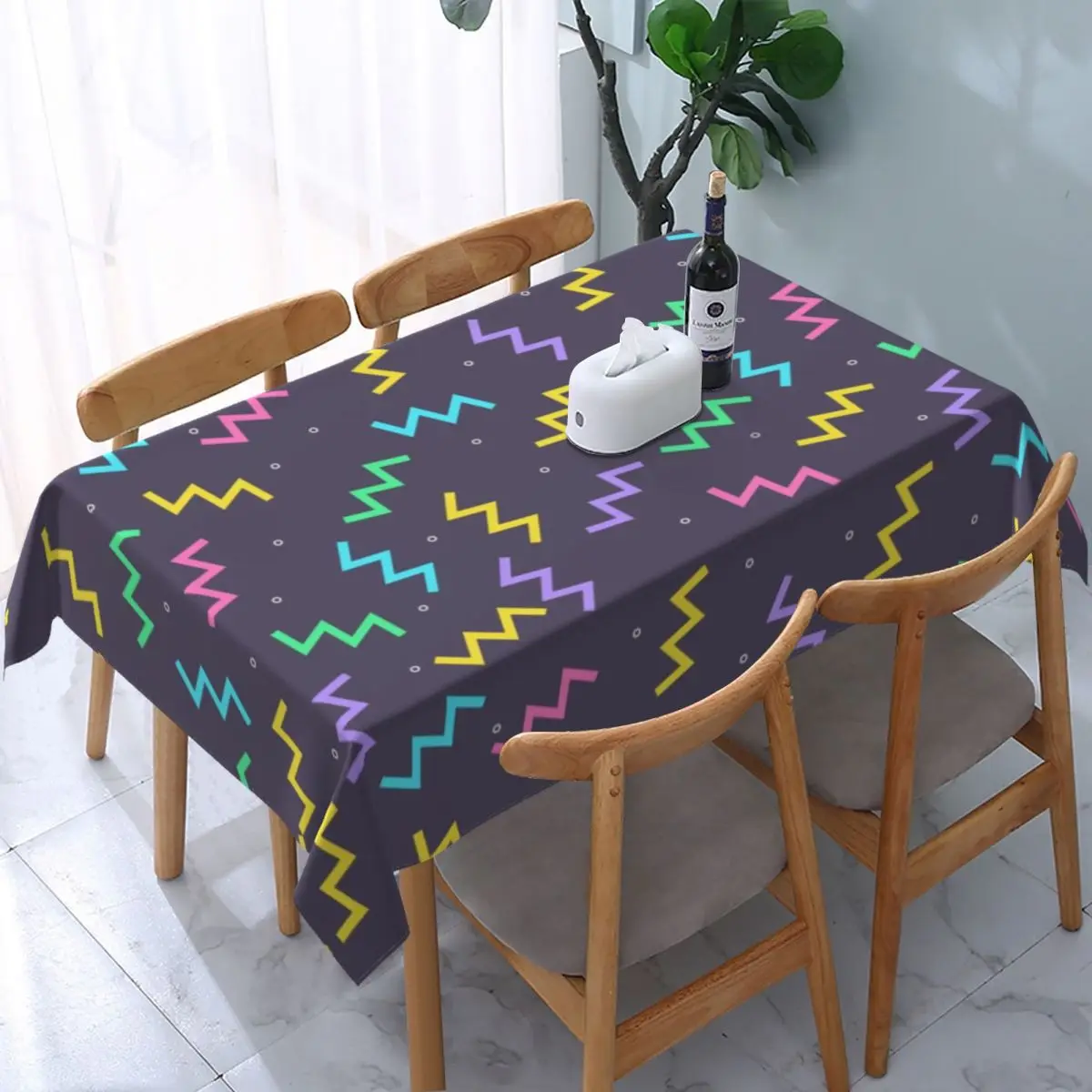 

Rectangular Fitted Electric Zig Zag Pattern Table Cloth Oilproof Tablecloth 40"-44" Table Cover Backed with Elastic Edge