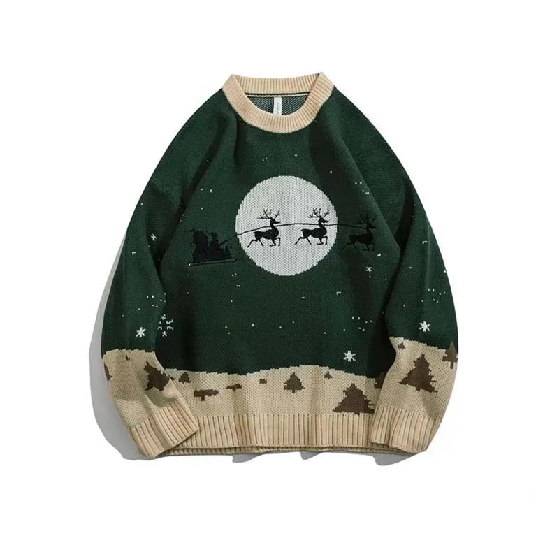 Japanese Casual Style Autumn And Winter New Christmas Theme Crewneck Sweater Men's Fashion Brand Loose Lazy Pullover Knit Top
