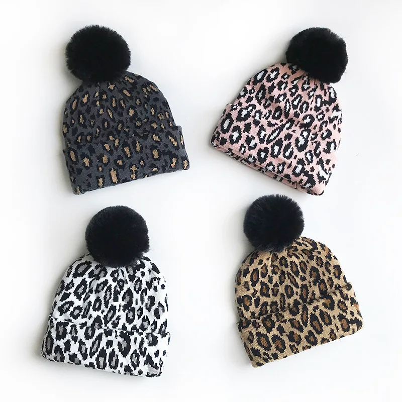 

2022 New Kids Leopard Warm Hats Fashion Pompoms Woolen Bomber Hats for Children Cap Winter for Kids 2-8Y