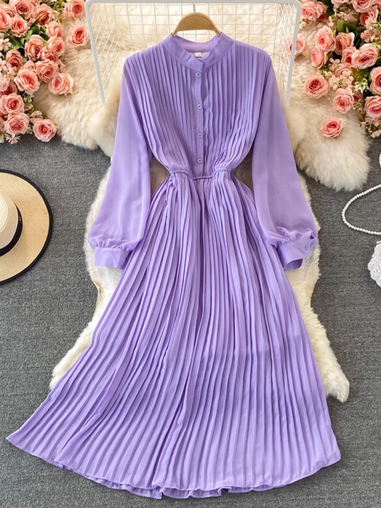 

Elegant Pleated Chiffon Dress Women Solid A Line Stand Collar Party Dresses Woman Casual Long Sleeve Korean Party Dress