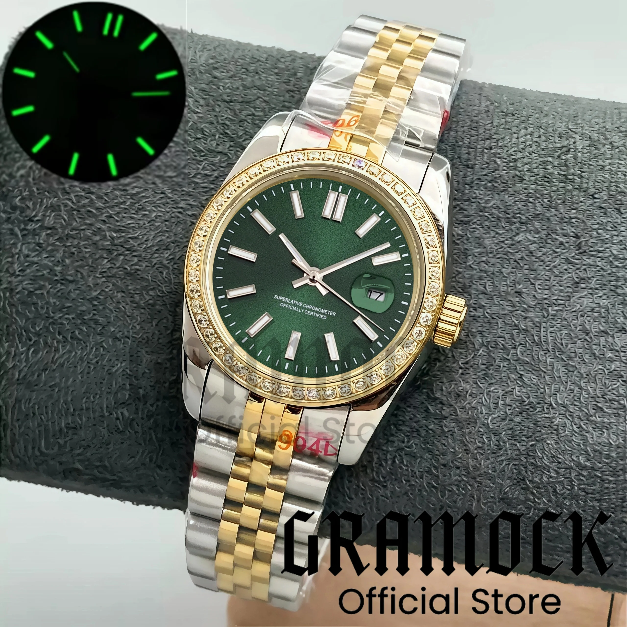 Фото Женские автоматические наручные часы Gramock NH05 с бриллиантами, 31 мм, двухцветный золотой корпус, сапфировое стекло, циферблат с солнечными лучами, указатель палочки №1