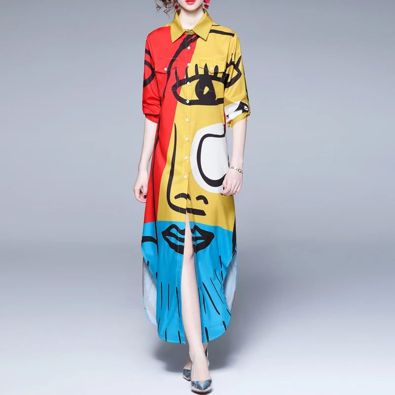 

Fashion Female Long Women Summer Vintage Long Sleeves Maxi Shirt DressCasual Abstract Face Print Vestidos Contrast Color Dresses