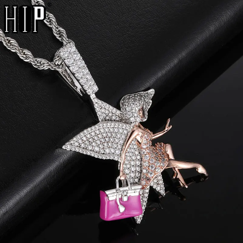 

Hip Hop Angel Wing Lady Pendant Iced Out Cubic Zirconia Stones Necklace Silver Color Charm Chains For Men Women Jewelry Gift
