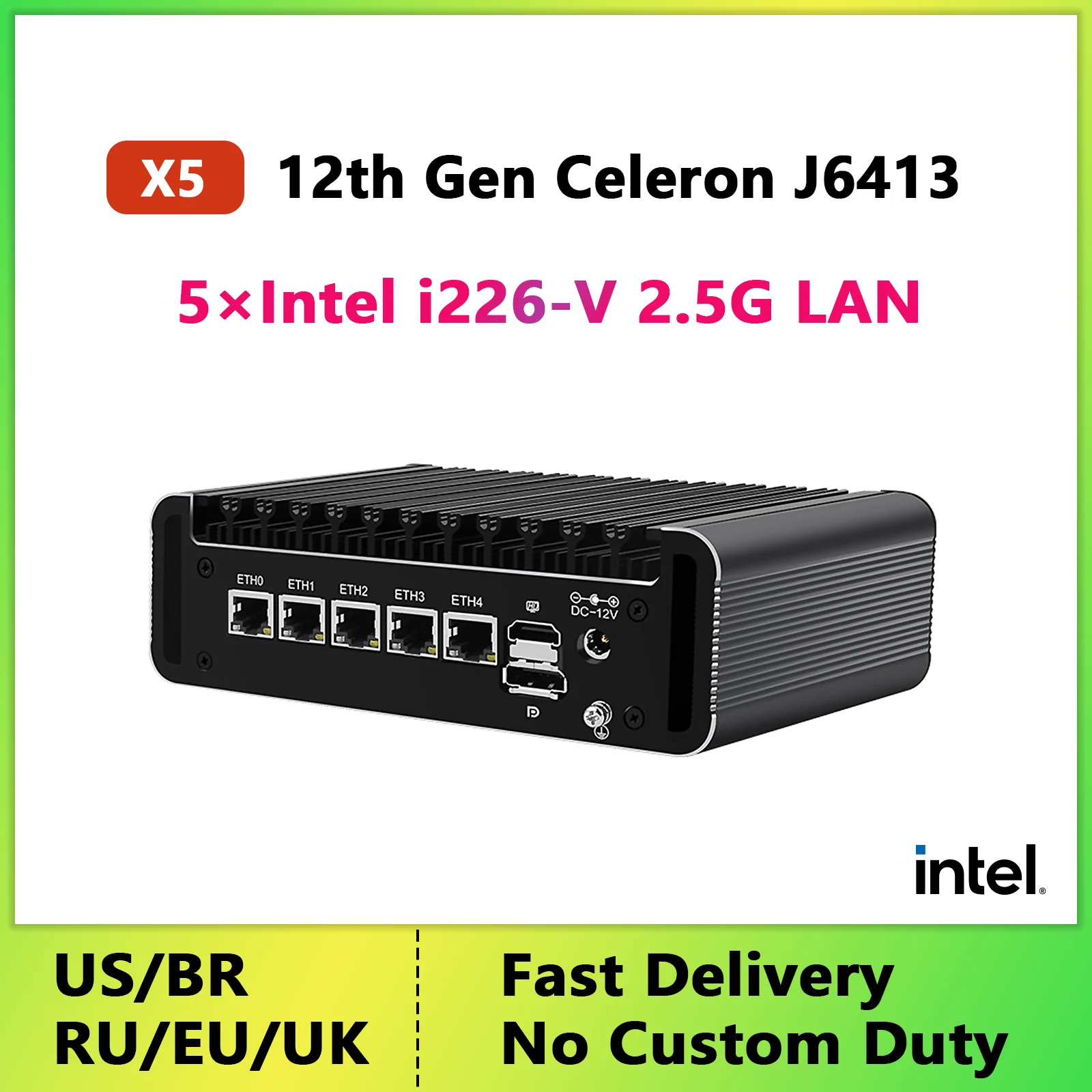 2023 New Fanless Mini PC Router 12th Gen Celeron J6413 5*Intel i226 2.5G LAN pfSense OPNsense VPN Firewall Appliance AES-Ni