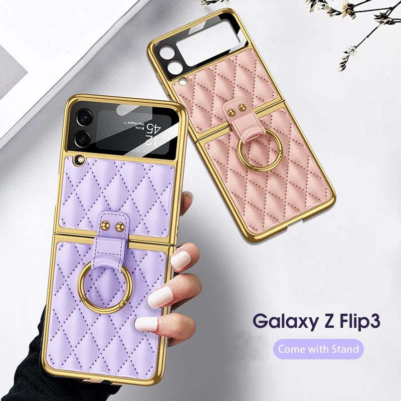 

Women Samsung Z Flip3 Phone Case Fashion Shell Film Electroplated Leather Flip Ring Holder Galaxy Z Flip 3 Full Cover Cases