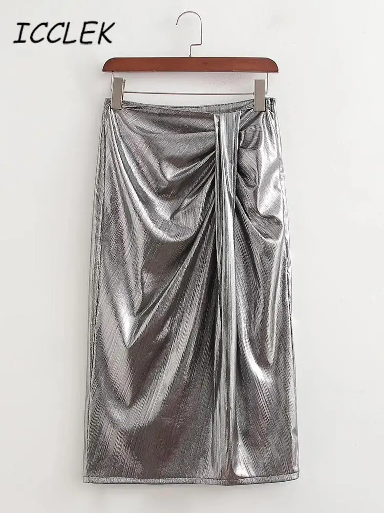 

Icclek, серебряная плиссированная юбка 2023, новая модель, металлик, высокая мода, трапециевидная, серебряная плиссированная юбка
