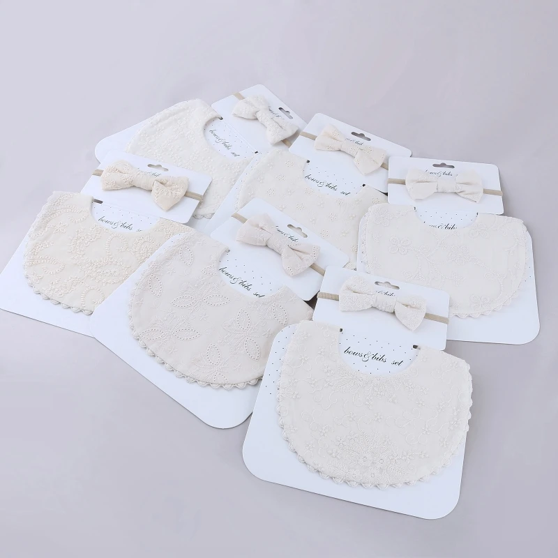 

Baby Bib Scarf Embroidery Printing Feeding Smock Bowknot Hair Band Set Saliva Towel Bandana Elastic Bows Headband