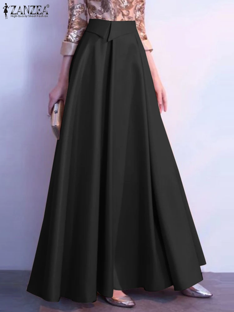 

Summer High Waist Solid A-line Satin Skirt ZANZEA Elegant Women Maxi Long Skirts Jupe Female Party OL Work Faldas Saia Vestido