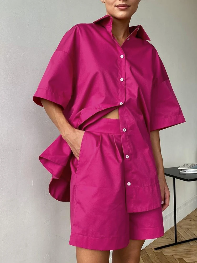 

Casual Women Short Set Tracksuit Loungewear Two Piece Women Outfits Long Shirt And High Waist Shorts Green