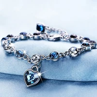 women silver color lucky bracelet for female blue crystal heart charm bracelet women bridal wedding engagement fine jewelry gift