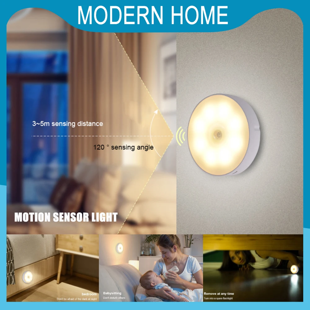 

Motion Sensor Light LED USB Nightlights Rechargeable Lamp Wardrobe Night Light For Kitchen Bedroom Stairs Cabinet Hallway Closet
