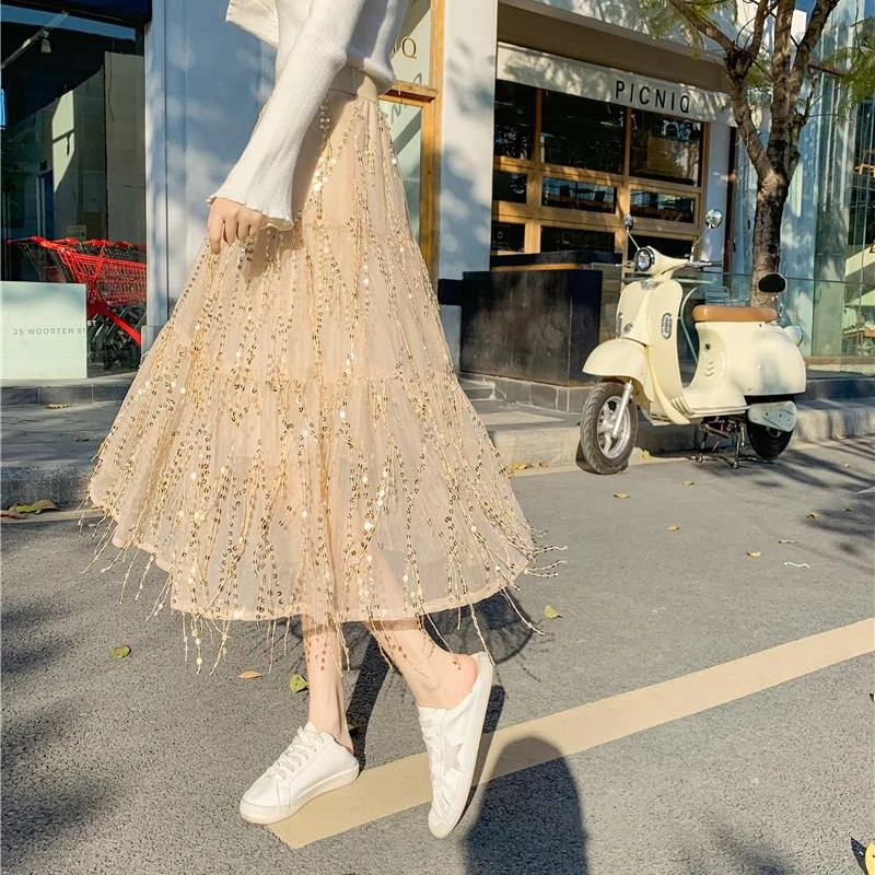 

Fresh Women Tassel Mesh Fashion Elegance A-line Skirts High Waist Tulle Heavy Industry Wheat Ear Sequin Female Midi Long Skirt