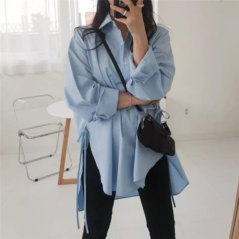 

Women Blouses Autumn Asymmetrical Long Shirts Fashion Loose Long Sleeve Women Tops Solid Lace Up Lapel Shirt