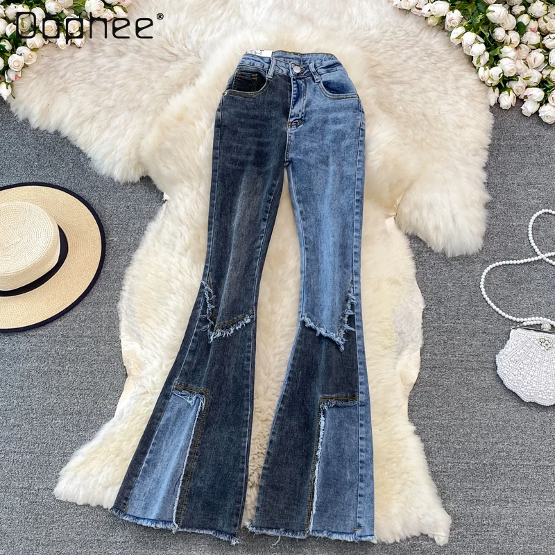 

Color Matching Flared Jeans Women's High Waist Slimming Draping Mop Frayed Hem Bootcut Trousers Bell Bottom Jean Pant Streetwear