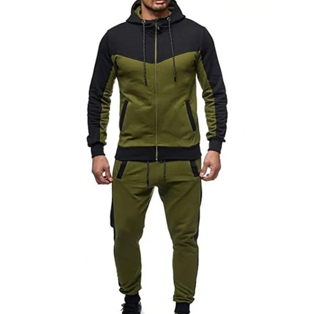 

2022 Hot 2 Pcs/Set Men Tracksuit Contrast Colors Lightweight Drawstring Ankle-banded Hooded Breathable Coat Suit for Daily Wear