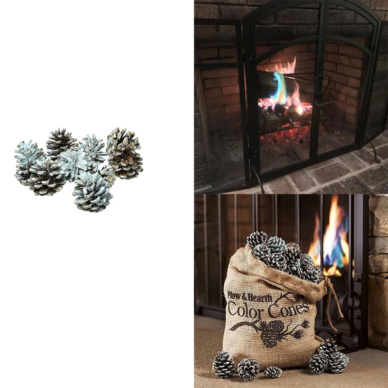 

Burning Fireplace Pine Cones Wood Burning Accessories, Fireplace, Campfire, Fire Pit Blue And Green Colored