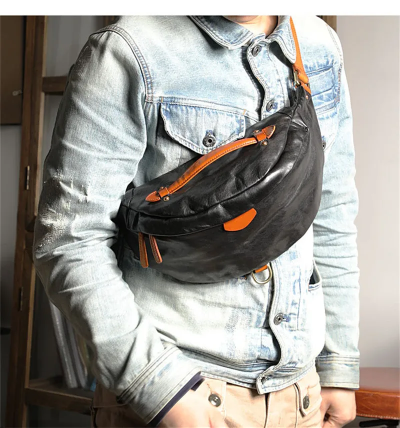 

Fashion vintage genuine leather men's chest bag luxury natural real cowhide multifunctional waist pack sports crossbody bags