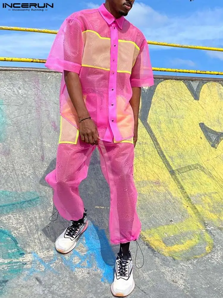 

INCERUN Men Sets Patchwork See Through Loose Shiny Short Sleeve Shirt & Pants 2PCS Streetwear 2022 Fashion Men Casual Suits 5XL
