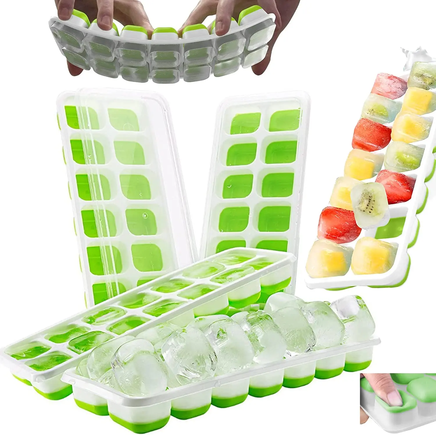 

Reusable 14 Grids Silicone Ice Cube Trays with Lid Easy-Release DIY Fruits Stackable Ice Cube Molds for Coffee Cocktail Freezer