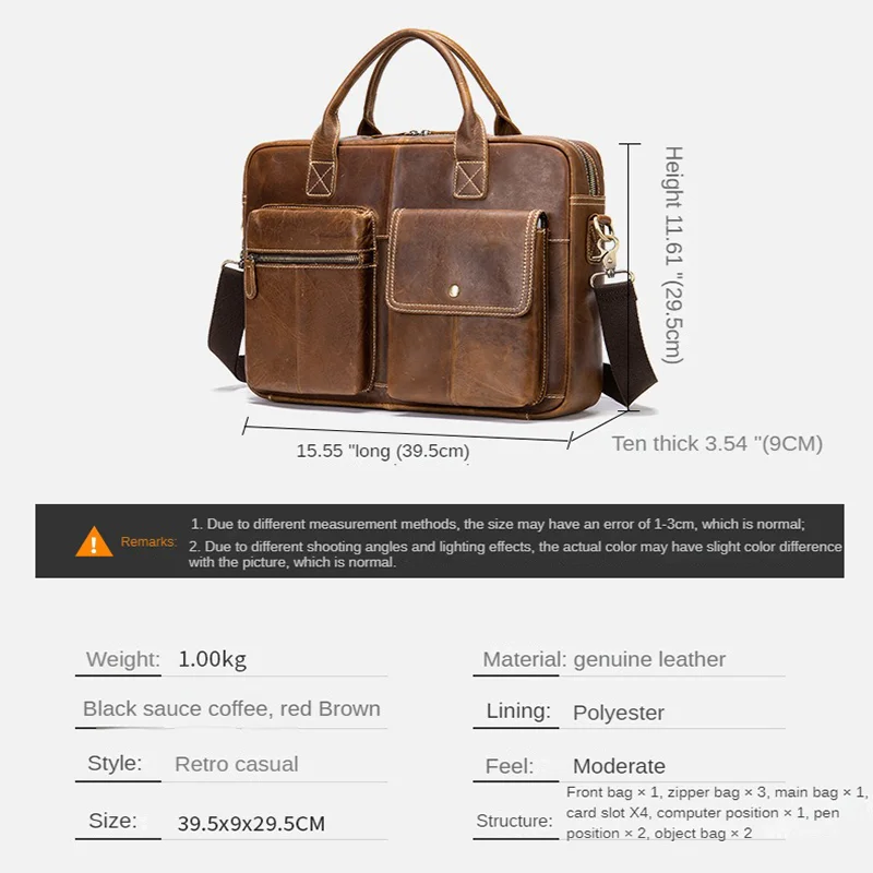 Business Computer Briefcases for Laptop 14'' Men's Bag Genuine Leather Document Bags A4 Men Briefcase Leather Bags