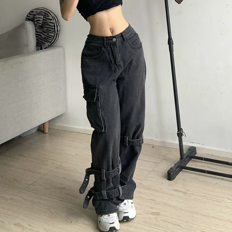 

American Retro Smoke Grey Overalls Jeans Women's Y2K Street Hip Hop Trend Versatile Wide Leg Pants Casual High Waist Sexy Jeans