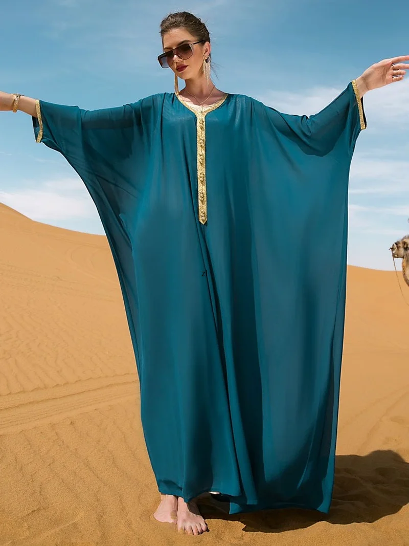 

Batwing Kaftan African Dress Golden Braid Trim Chiffon Cloak Arab Muslim Loose Abaya Dubai Saudi Jalabiya Caftan Ramadan Summer