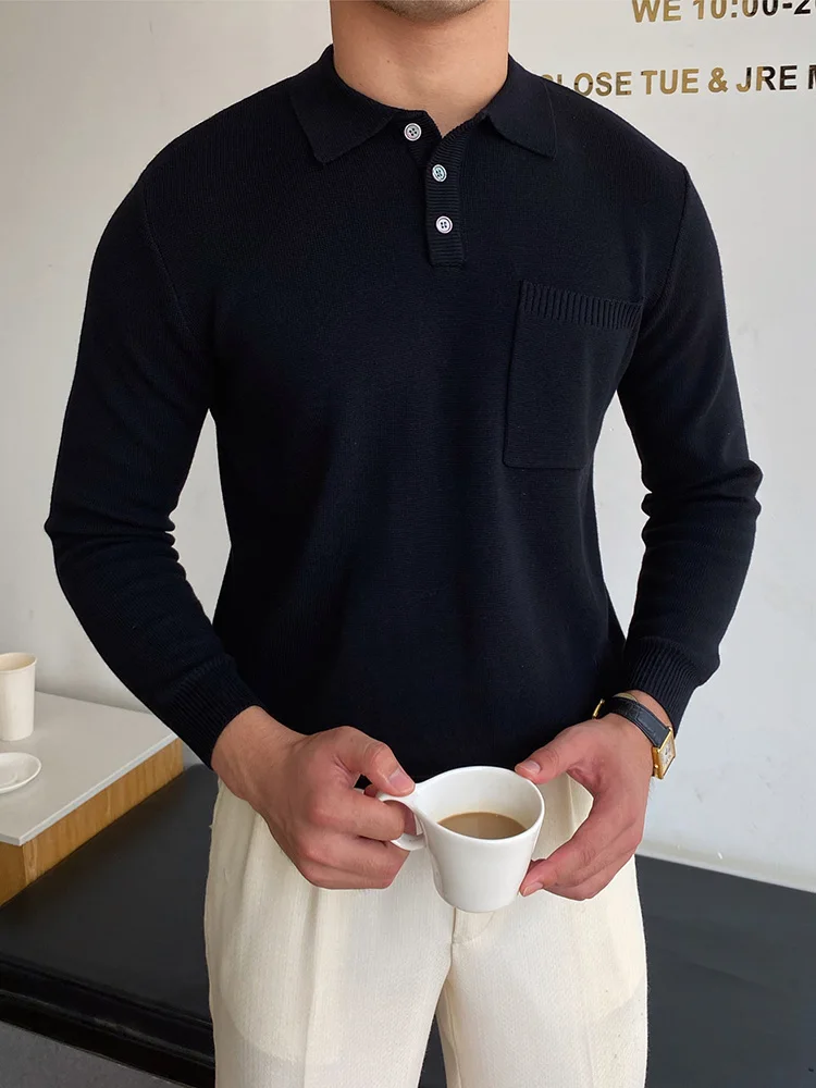

Fashion Buttoned Turn-down Collar Mens Polo Shirts Spring New Long Sleeve Slim Ribbed Shirt 2022 Men Casual Solid Color Tops