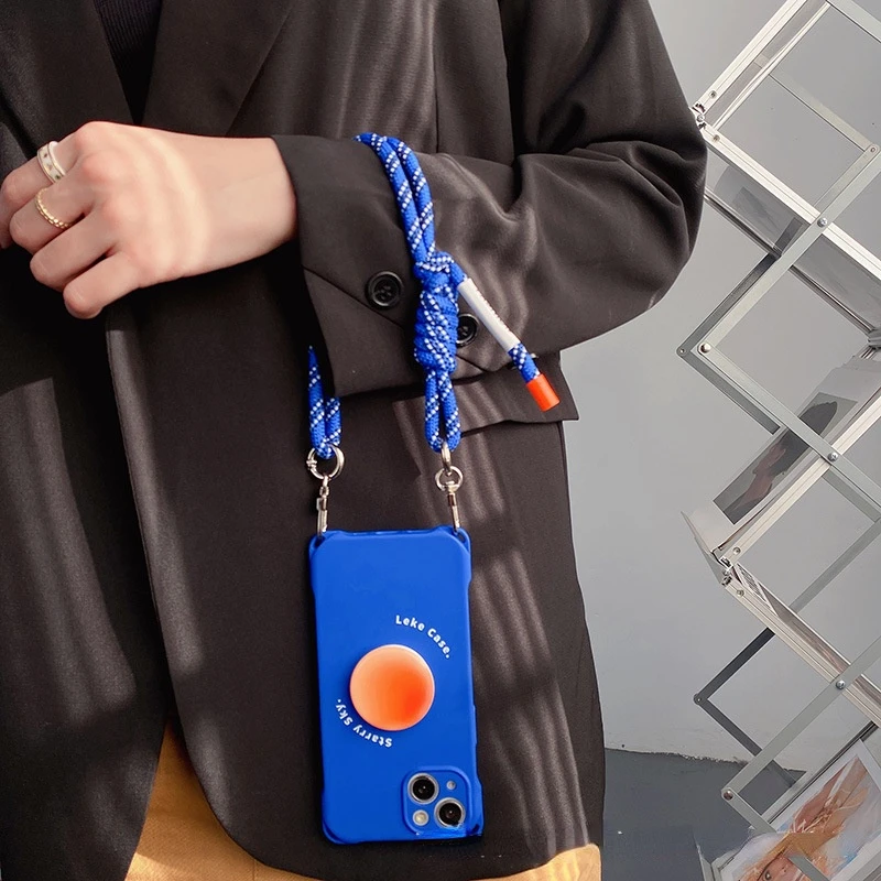 

Klein Blue Ribbon Lanyard Four Corners Lazy Bracket Phone Case For iPhone 13 12 11 Pro Max X XR XS 7 8 Plus Mobile Phone Cover