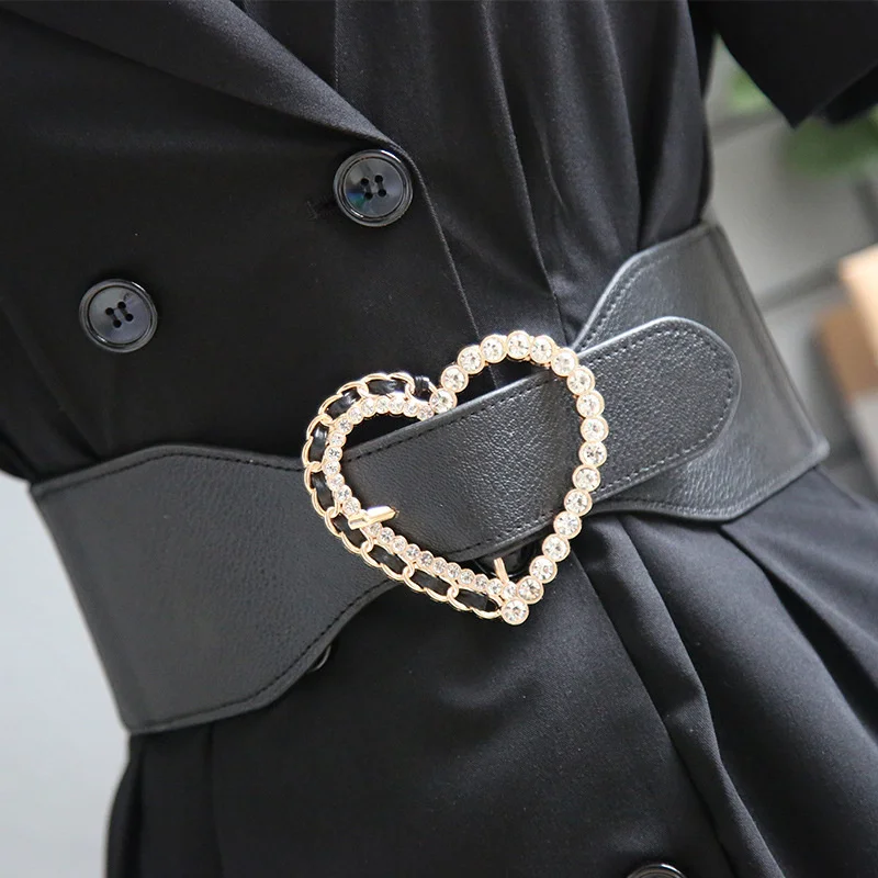 

Black Elastic Wide Belt For Women Rhinestone Heart Buckle Waist Straps Luxury Designer Brand Coat Dress Decorative Waistband