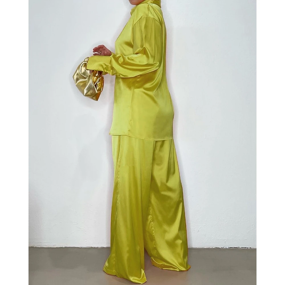 S-2XL Autumn Women Buttoned Satin Loungewear Long Sleeve Shirt & High Waist Pants Set Solid Sleepwear Homewear Pajamas Set