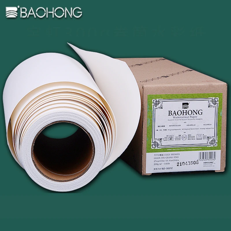 BAOHONG Watercolor Paper Roll 140 lb 300 gsm 27cmX10m 100 Percent Cotton Water Color Roll Academy Grade