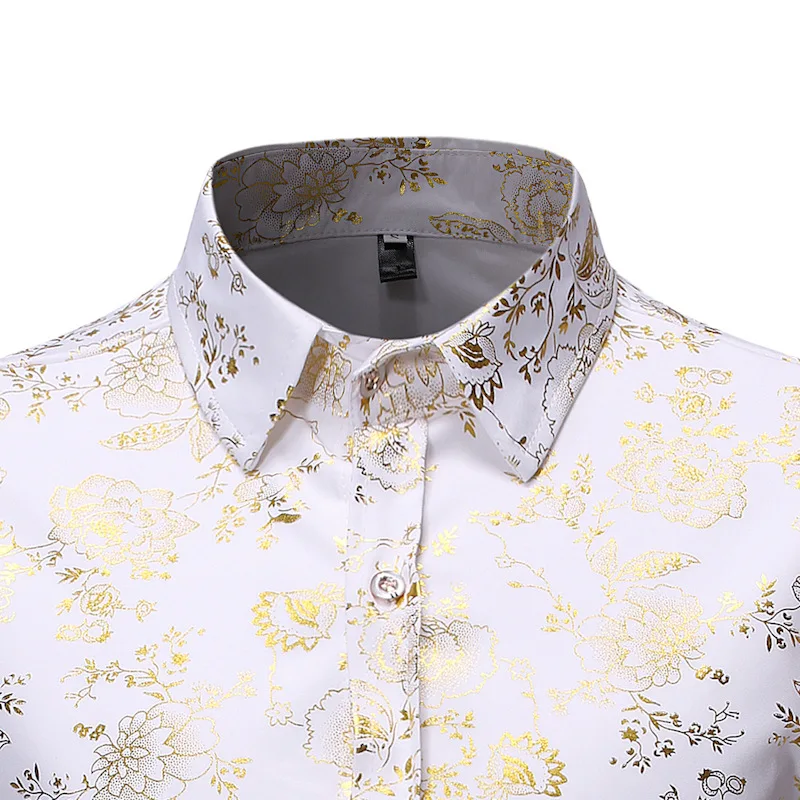 Mattswag Mens WIne Red Luxury Floral Gold Shiny Print Shirts Stylish Slim Long Sleeve Dress Shirt Party Prom Show Camisa Men XL