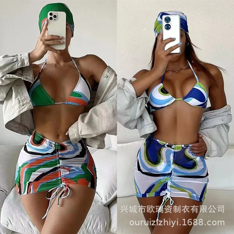 

Соблазнительный раздельный купальник-бикини, женский головной платок с принтом, бикини из трех частей, купальник с газовой юбкой