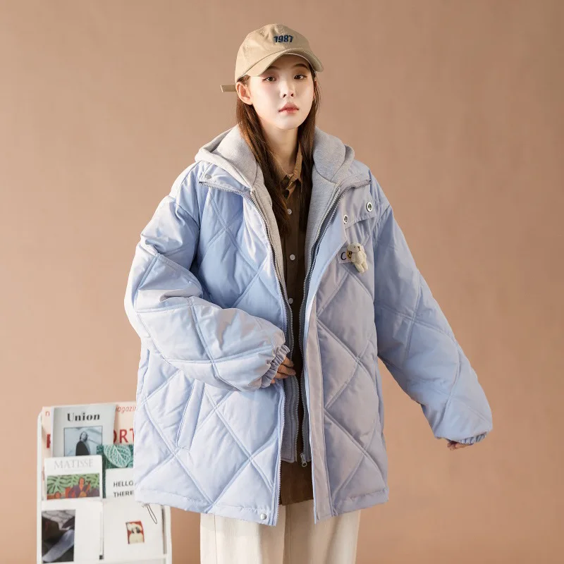 Winter Thickened Down Padded Jacket Women's Fashion Leisure Fake Two-piece Rhombus Jacket Korean Version Loose Padded Jacket