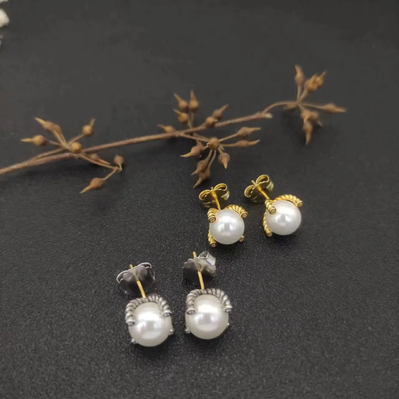 David Yurman Gold Hook Twisted Wire Buckle Pearl Earrings in Sterling Silver With 14K Yellow PlatedPlated