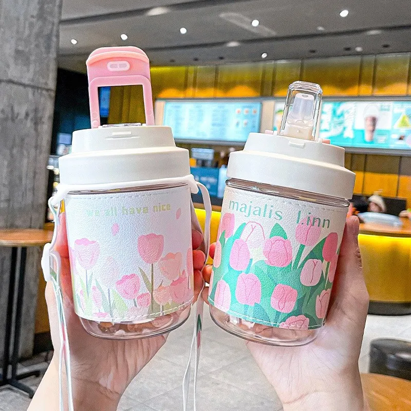 420ml Double Drinking Coffee Cup Hand-painted Tulip Anti Scalding Cup Cover Water Cup Portable Shoulder Strap Glass Straw Cup