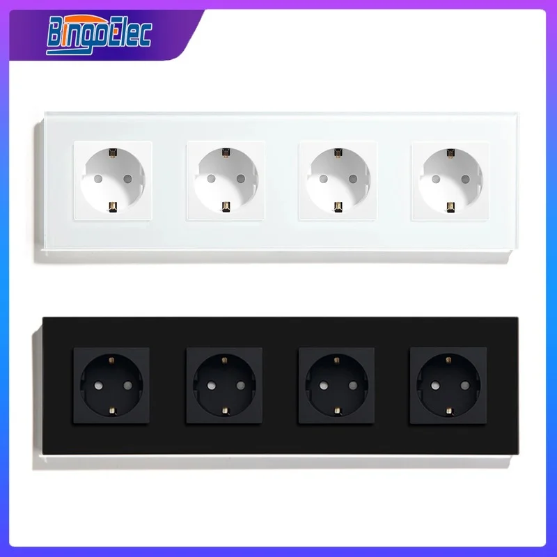 

Bingoelec EU Standard 4 Outputs Power Electrical Socket White Black Crystal Glass Panel Plug 110-250V Electrical EU Outlets