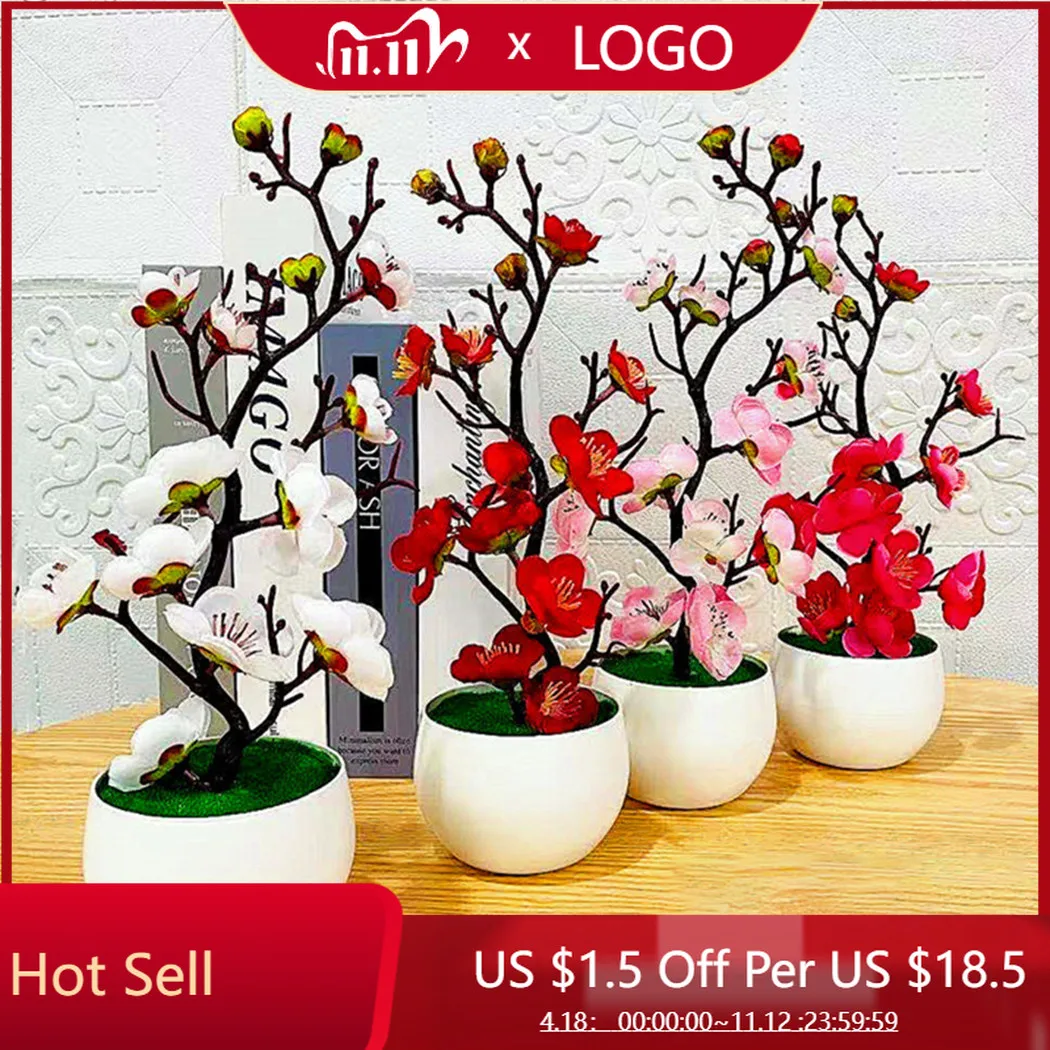 

1pcs Bonsai Silk Flowers Plum Artificial Potted Plants Blossoms Simulation Winter Plum Branch Bonsai Wedding Home Room Decorate