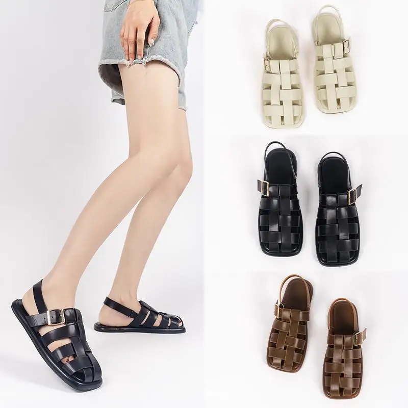 

Braided Hollow Flat Back Strap Roman Sandals Women's 2022 New Ins Tide Net Red Student All-match Summer Shoes Buty Na Koturnie