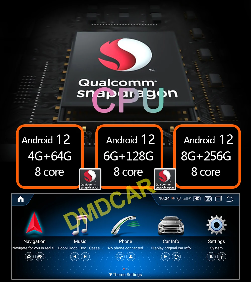 Автомобильный мультимедийный проигрыватель 10 25/12 5 дюймов Android 12 Snapdragon 8 + 256G для