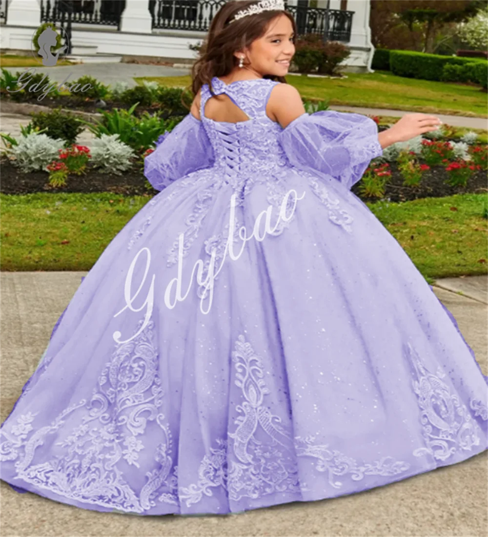 2025 Тюлевое Пышное Платье для девочки с аппликацией и лавандовым цветком