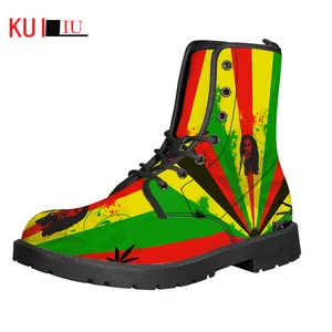 KUILIU Haiti Flag Print High Top Winter Men Harajuku Singer Reggae Boots Leather Footwear Mid-calf Booties Unisex Casual Shoes